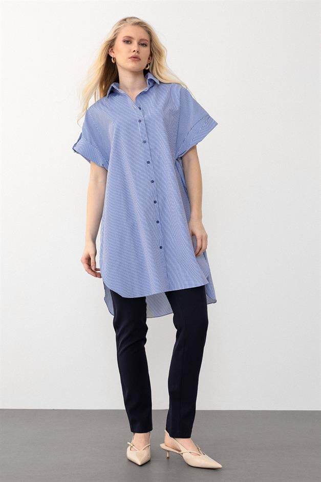 Striped Poplin Tunic with Side Slits BLUE 9283