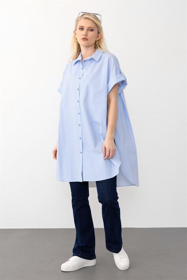Striped Poplin Tunic with Side Slits LIGHT BLUE 9283