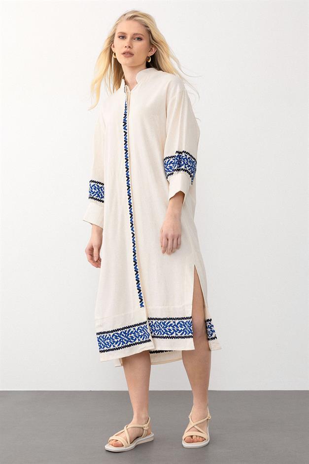 Embroidered Poplin Dress with Side Slits BEJ SCISSORS 9291-E