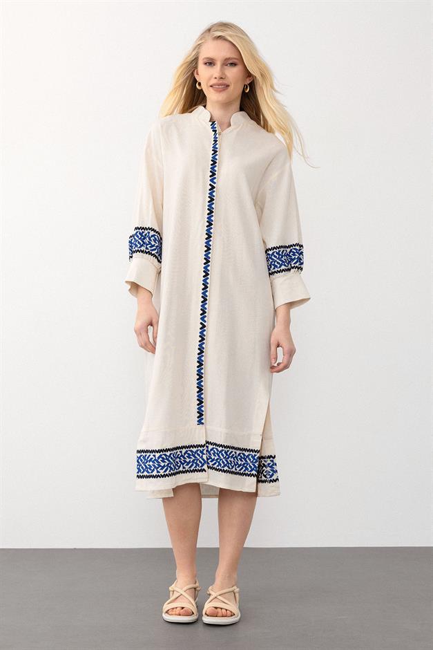 Embroidered Poplin Dress with Side Slits BEJ SCISSORS 9291-E