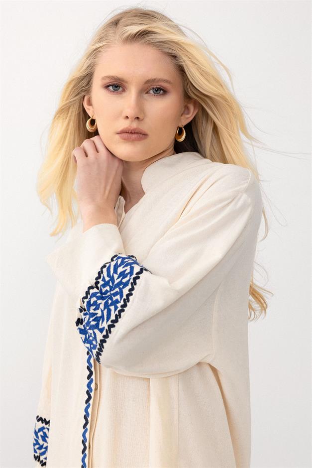 Embroidered Poplin Dress with Side Slits BEJ SCISSORS 9291-E