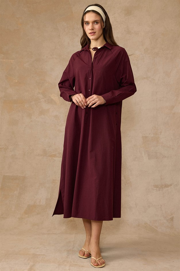 Yanları Düğme Detaylı Salaş Poplin Elbise BORDO 9316-E