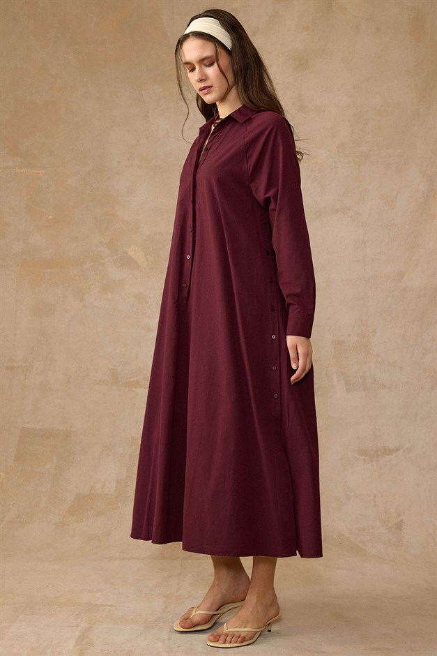 Yanları Düğme Detaylı Salaş Poplin Elbise BORDO 9316-E