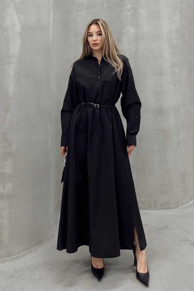 Yanları Düğme Detaylı Salaş Poplin Elbise SİYAH 9316-E