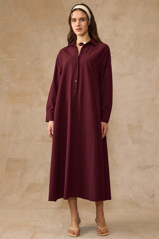 Yanları Düğme Detaylı Salaş Poplin Elbise BORDO 9316-E