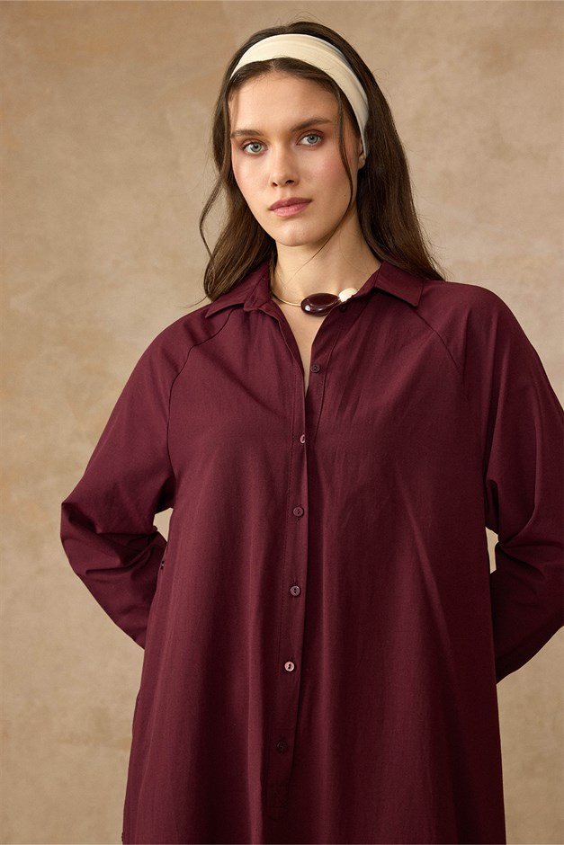 Yanları Düğme Detaylı Salaş Poplin Elbise BORDO 9316-E