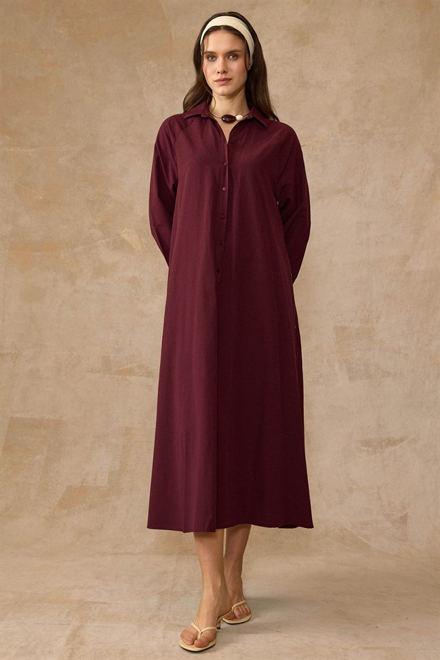 Yanları Düğme Detaylı Salaş Poplin Elbise BORDO 9316-E
