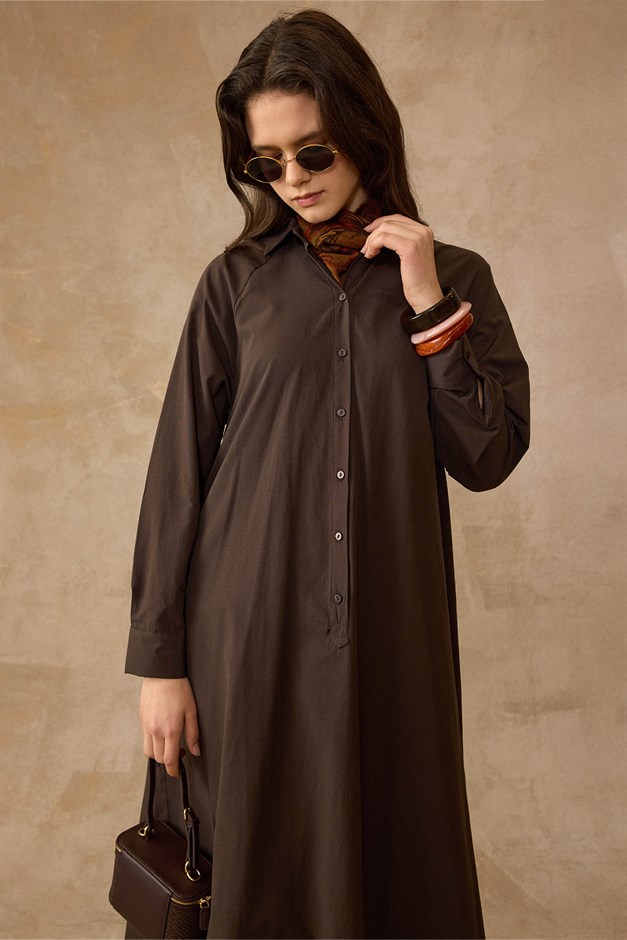 Yanları Düğme Detaylı Salaş Poplin Elbise KAHVE 9316-E