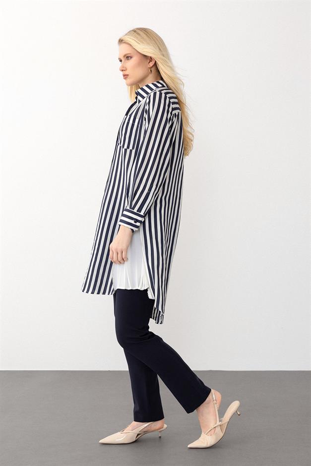 Striped Tunic with Side Zipper and Pleated Detail BLACK 9830