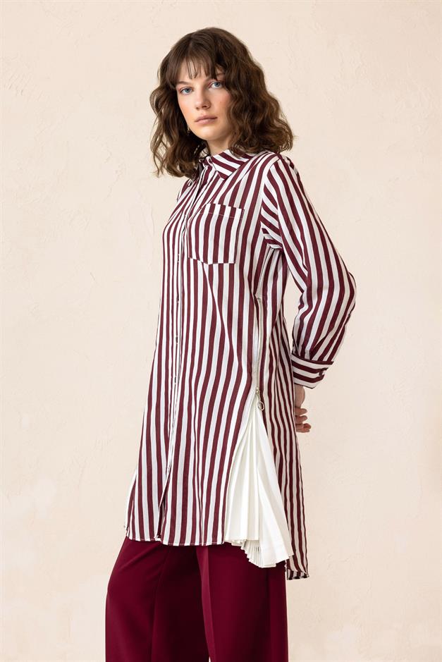Striped Tunic with Side Zipper and Pleated Detail CLARET RED 9830