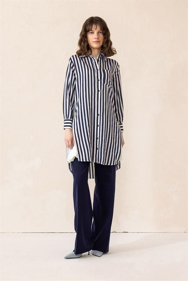 Striped Tunic with Side Zipper and Pleated Detail NAVY 9830