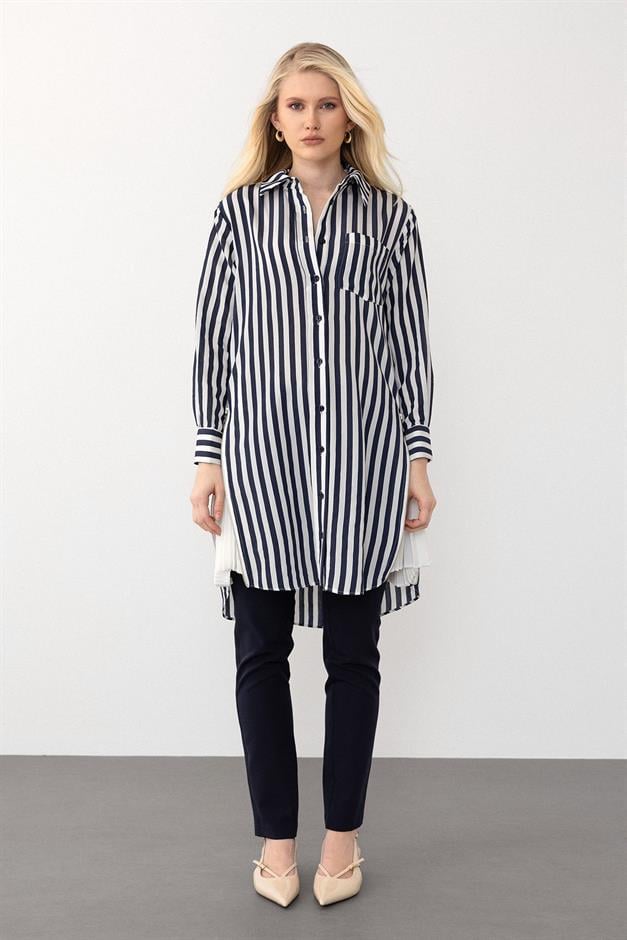 Striped Tunic with Side Zipper and Pleated Detail BLACK 9830