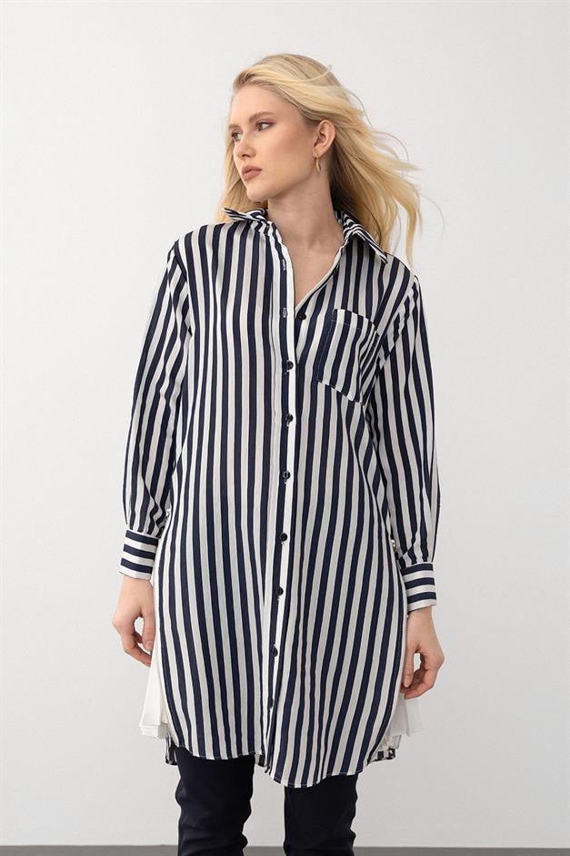 Striped Tunic with Side Zipper and Pleated Detail BLACK 9830