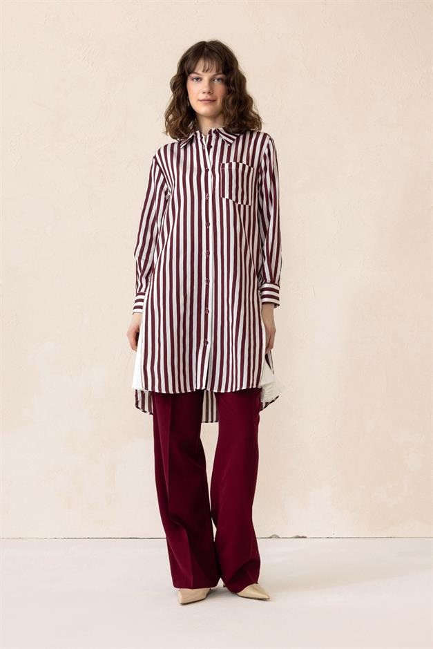 Striped Tunic with Side Zipper and Pleated Detail CLARET RED 9830
