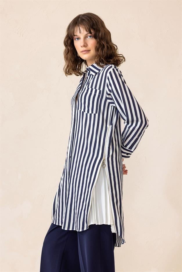 Striped Tunic with Side Zipper and Pleated Detail NAVY 9830