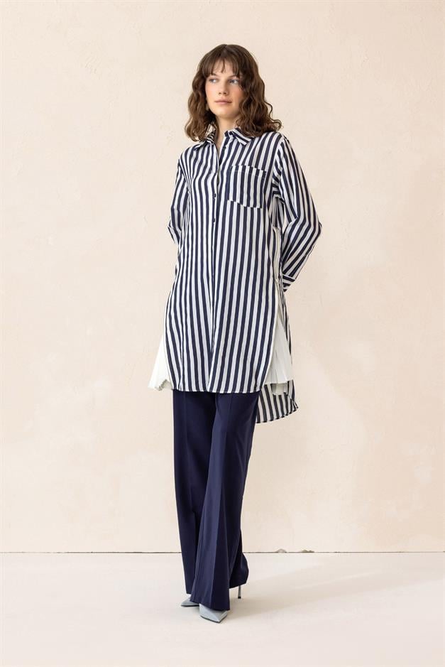 Striped Tunic with Side Zipper and Pleated Detail NAVY 9830