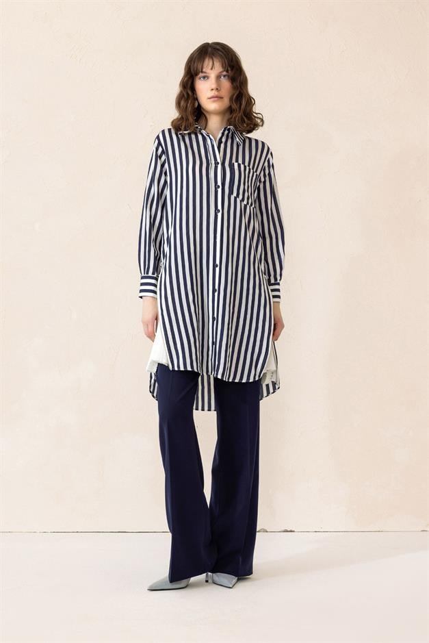 Striped Tunic with Side Zipper and Pleated Detail NAVY 9830