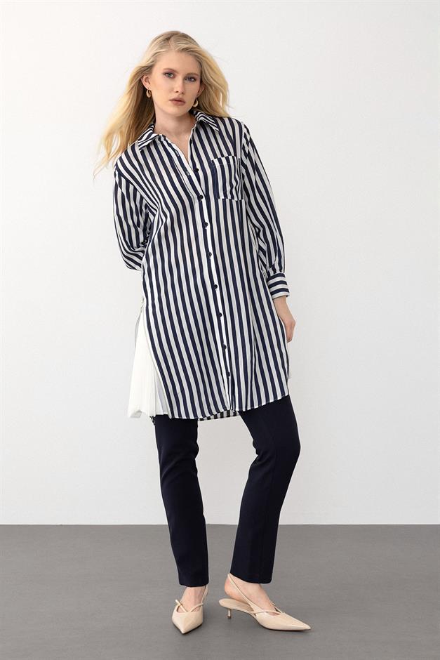 Striped Tunic with Side Zipper and Pleated Detail BLACK 9830