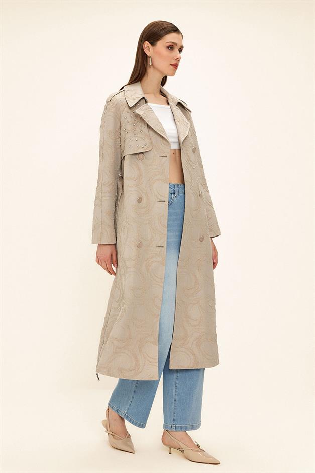 Side Zippered Cape with Stone Detail and Lined Glittery Jacquard Trench Coat STONE 6725