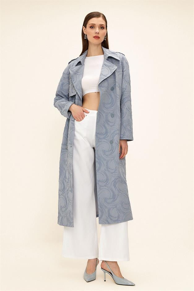 Side Zippered Cape with Stone Detail and Lined Glittery Jacquard Trench Coat BLUE 6725