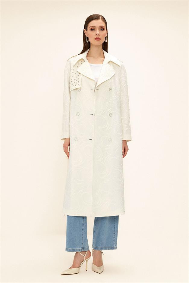Side Zippered Cape with Stone Detail and Lined Glittery Jacquard Trench Coat IVORY 6725