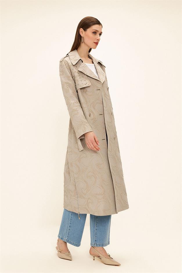 Side Zippered Cape with Stone Detail and Lined Glittery Jacquard Trench Coat STONE 6725