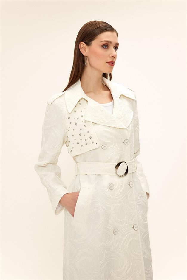 Side Zippered Cape with Stone Detail and Lined Glittery Jacquard Trench Coat IVORY 6725