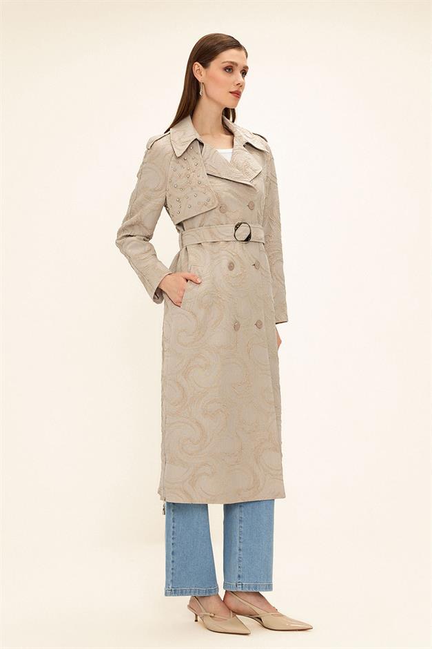 Side Zippered Cape with Stone Detail and Lined Glittery Jacquard Trench Coat STONE 6725