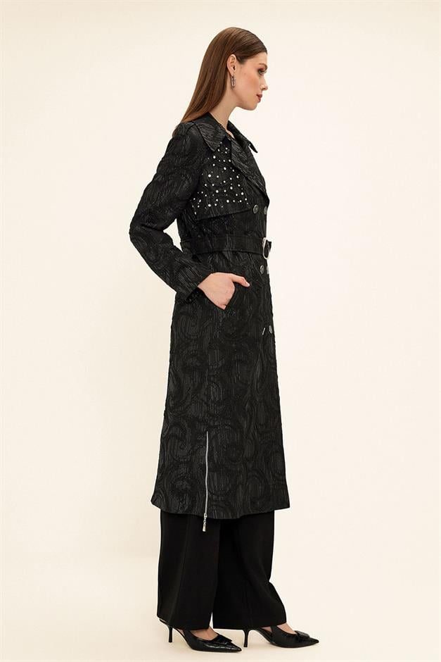 Side Zippered Cape with Stone Detail and Lined Glittery Jacquard Trench Coat BLACK 6725