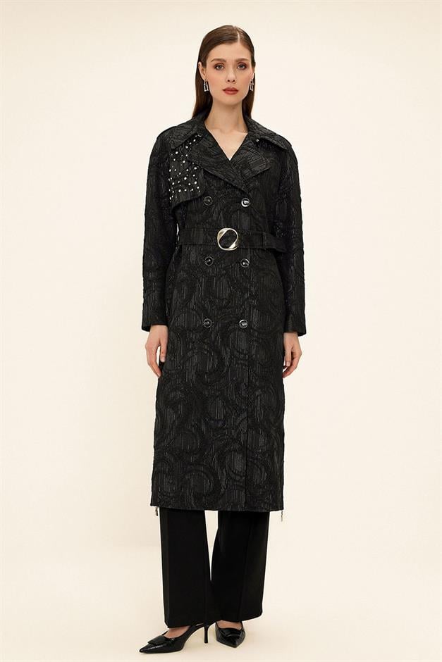 Side Zippered Cape with Stone Detail and Lined Glittery Jacquard Trench Coat BLACK 6725