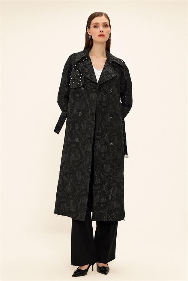 Side Zippered Cape with Stone Detail and Lined Glittery Jacquard Trench Coat BLACK 6725