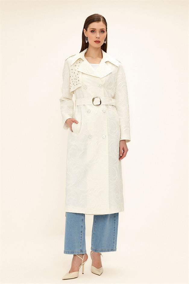 Side Zippered Cape with Stone Detail and Lined Glittery Jacquard Trench Coat IVORY 6725