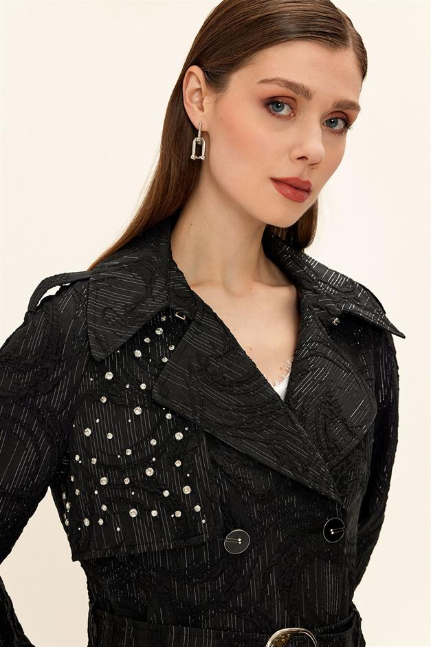 Side Zippered Cape with Stone Detail and Lined Glittery Jacquard Trench Coat BLACK 6725