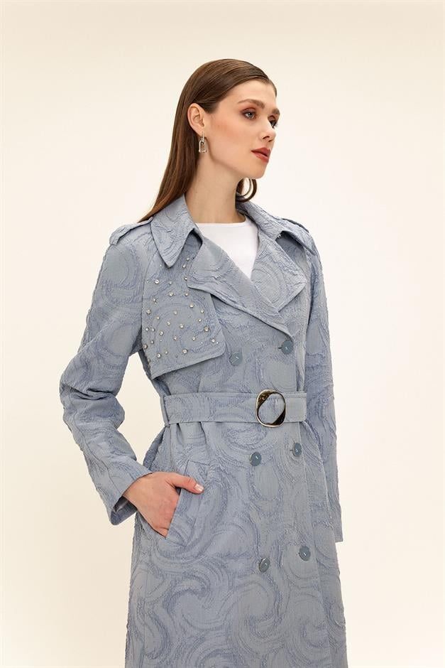 Side Zippered Cape with Stone Detail and Lined Glittery Jacquard Trench Coat BLUE 6725