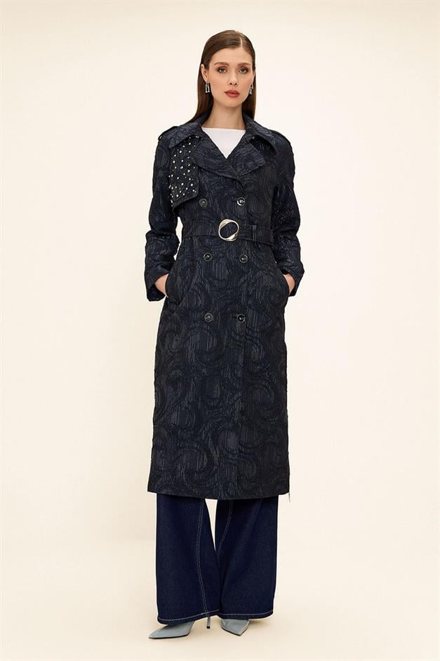 Side Zippered Cape with Stone Detail and Lined Glittery Jacquard Trench Coat NAVY 6725