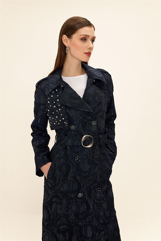 Side Zippered Cape with Stone Detail and Lined Glittery Jacquard Trench Coat NAVY 6725