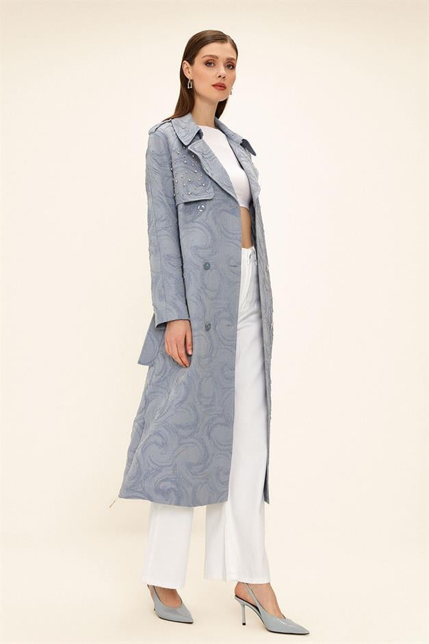 Side Zippered Cape with Stone Detail and Lined Glittery Jacquard Trench Coat BLUE 6725