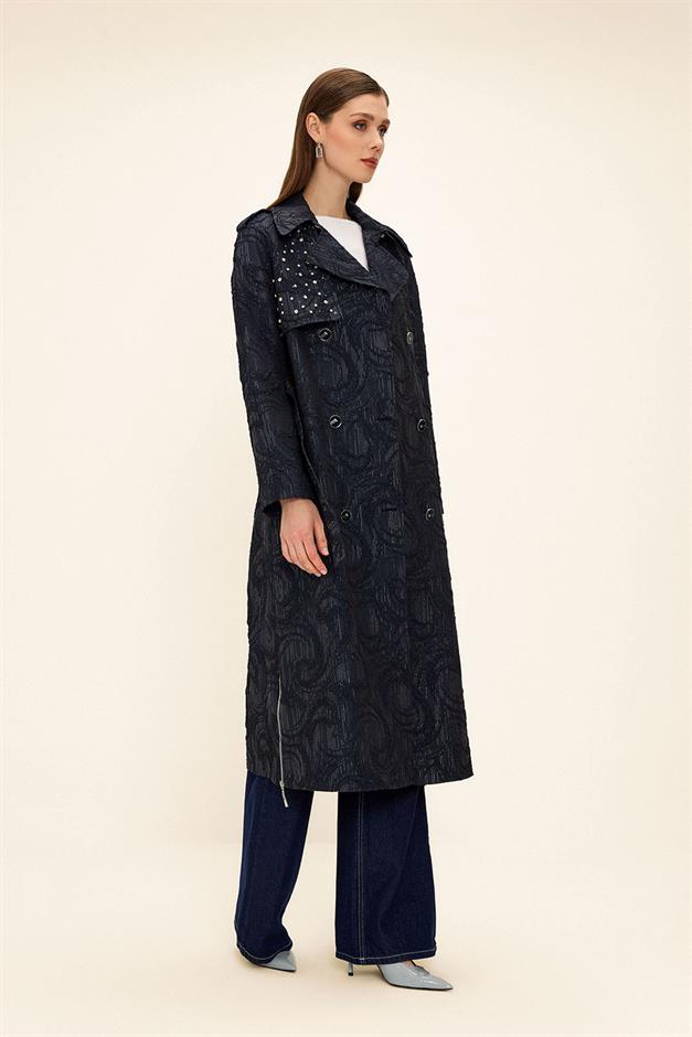 Side Zippered Cape with Stone Detail and Lined Glittery Jacquard Trench Coat NAVY 6725