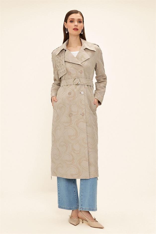 Side Zippered Cape with Stone Detail and Lined Glittery Jacquard Trench Coat STONE 6725