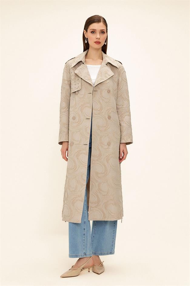 Side Zippered Cape with Stone Detail and Lined Glittery Jacquard Trench Coat STONE 6725