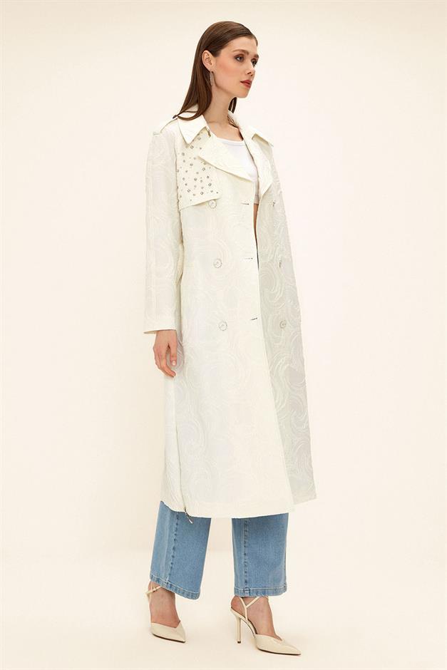 Side Zippered Cape with Stone Detail and Lined Glittery Jacquard Trench Coat IVORY 6725