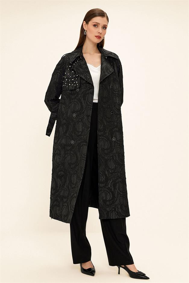Side Zippered Cape with Stone Detail and Lined Glittery Jacquard Trench Coat BLACK 6725