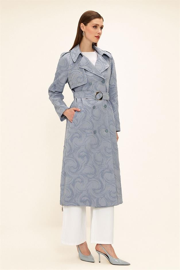 Side Zippered Cape with Stone Detail and Lined Glittery Jacquard Trench Coat BLUE 6725