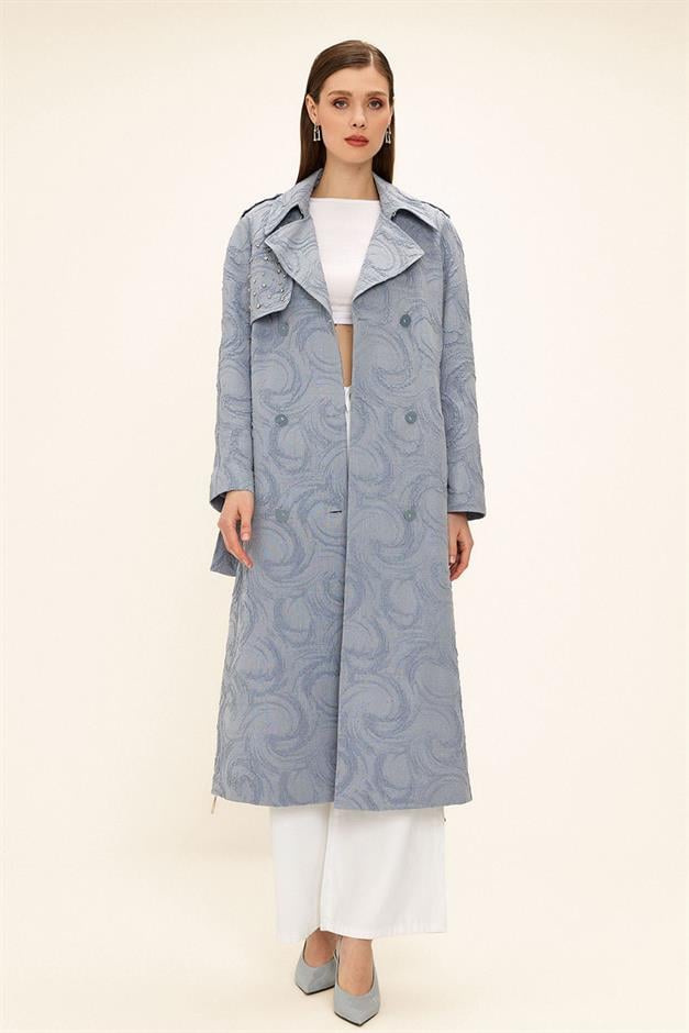 Side Zippered Cape with Stone Detail and Lined Glittery Jacquard Trench Coat BLUE 6725