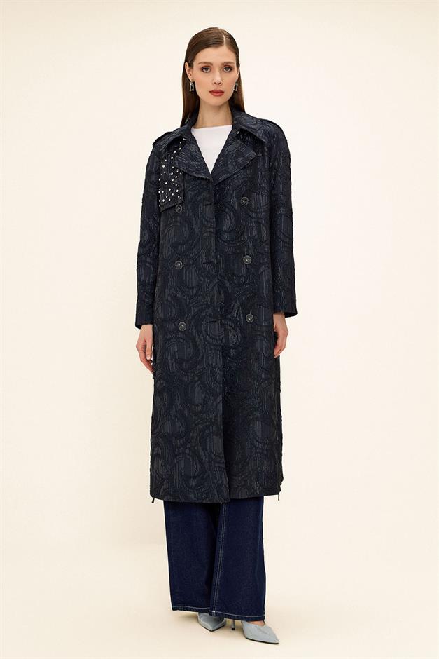 Side Zippered Cape with Stone Detail and Lined Glittery Jacquard Trench Coat NAVY 6725