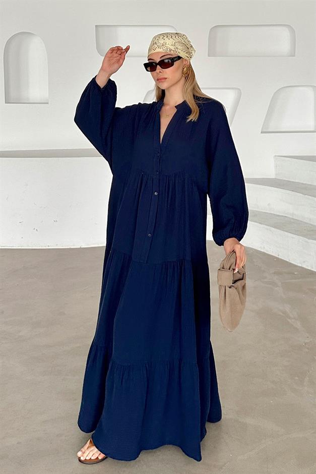 Batwing Sleeve Button Detailed Muslin Casual Dress NAVY 9330-E