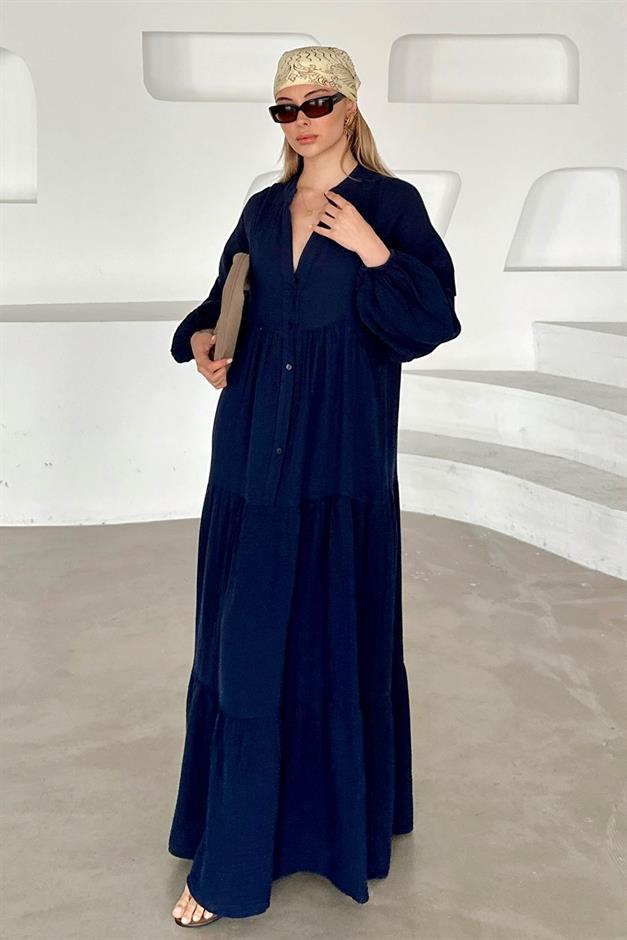 Batwing Sleeve Button Detailed Muslin Casual Dress NAVY 9330-E