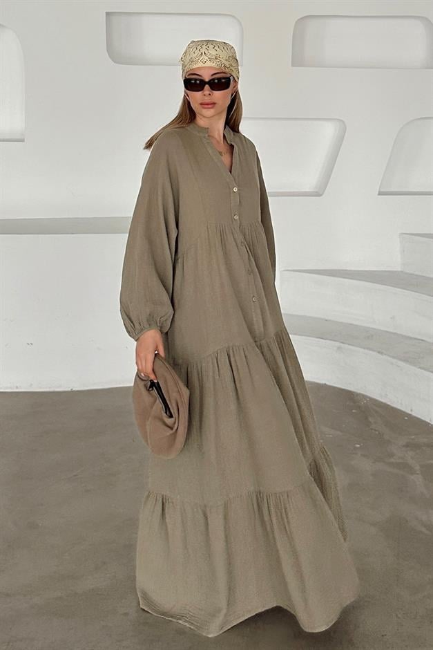 Batwing Sleeve Button Detailed Muslin Casual Dress DRAB 9330-E