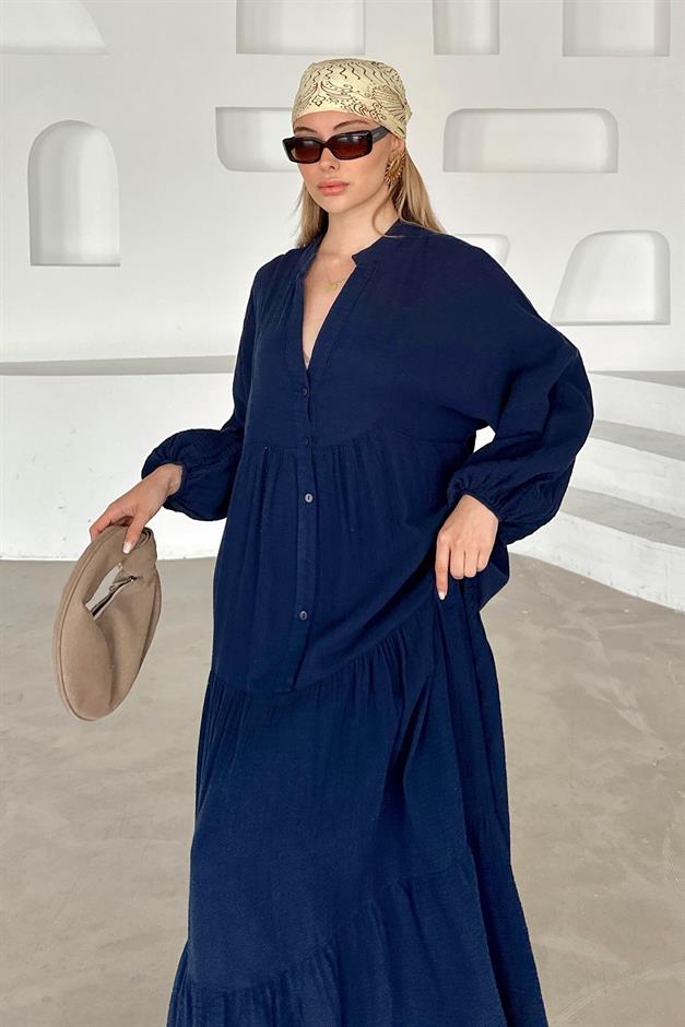Batwing Sleeve Button Detailed Muslin Casual Dress NAVY 9330-E