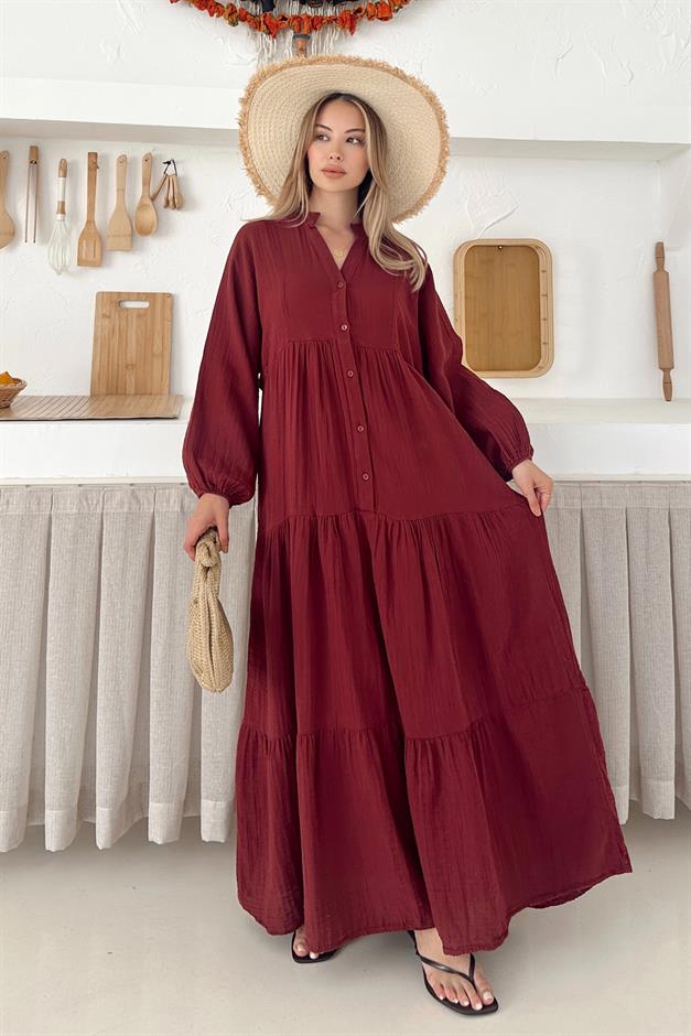Batwing Sleeve Button Detailed Muslin Casual Dress CLARET RED 9330-E